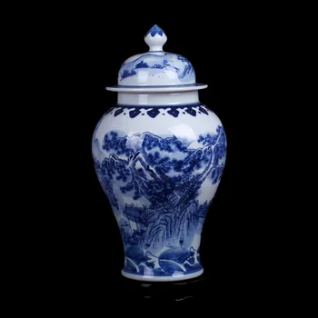 Mavi Beyaz Çin Vazo kapaklı Peyzaj Dağ Tepe Ağacı Tasarım Antika Zencefil Kavanoz Beyaz Porselen Tapınak Kavanoz Vazo Teneke Kutu
