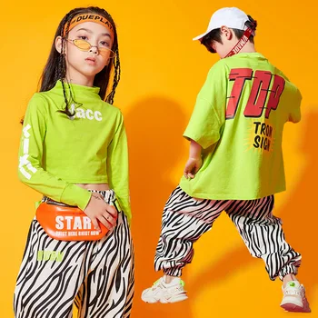 Çocuk Kpop Hip Hop Giyim Boy T Shirt Kırpma Üst Uzun Kollu Zebra Streetwear koşucu pantolonu Kız Erkek dans kostümü Elbise