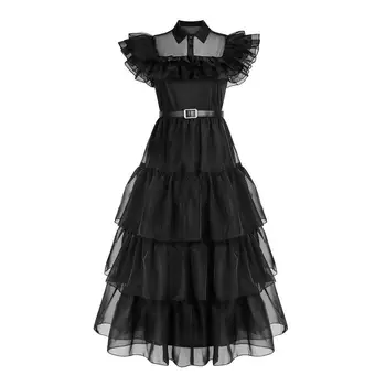 Addams Elbise Organze Cosplay Elbiseler Kızlar için Sevimli Pan Yaka Elbise Etek Cadılar Bayramı Temalı Partiler için Çizgi Roman Sahne Balo