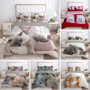Kedi Yorgan yatak örtüsü seti Güzel Hayvan Yavru Baskılı Nevresim Çocuklar Gençler Kız Hayvan Çift Kraliçe çift kişilik polyester yatak seti