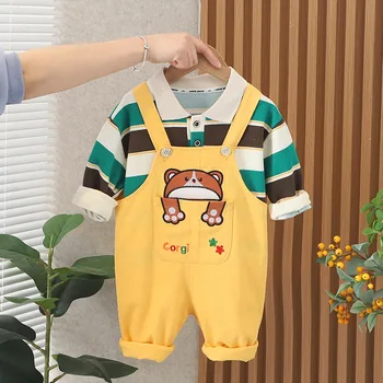 Kore Erkek Bebek Kıyafet Seti Bahar Sonbahar Karikatür Çizgili Kazak Uzun Kollu T-shirt Üstleri ve Tulum Çocuklar tasarımcı kıyafetleri