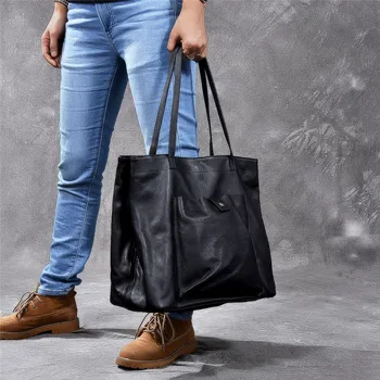 Hakiki deri büyük kapasiteli siyah tote çanta lüks erkek çanta rahat gerçek inek derisi kadın iş seyahat alışveriş omuzdan askili çanta