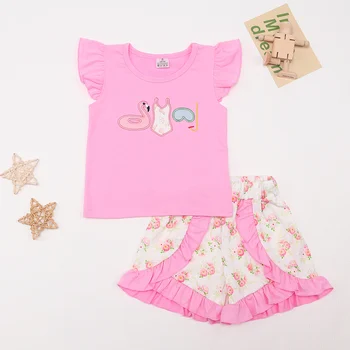 Toddler 1-8T Kıyafetler Bebek Kız Giysileri Set 2 adet Pamuk Bebe Takım Elbise Ördek İşlemeli Bodysuit Dantel Çiçek T-shirt Bebek Pembe Şort