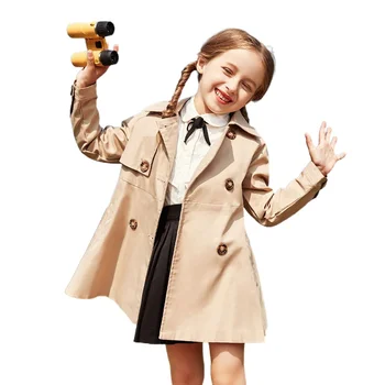 Çocuk Kız Dış Giyim Ceket Kız Trençkot Kemer Yaka Kruvaze Ceket Elbise Mont Bahar Sonbahar Rüzgarlık Palto