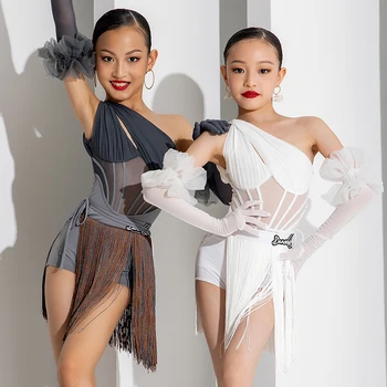 Eğimli Omuz Latin Dans Performansı Kostüm Setleri Kızlar Saçak Elbise Yarışması Giyim Çocuklar Cha Cha Rumba Dans Giyim L10466