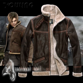 Biohazard Resident 4 Leon S Kennedy Kötü Kostüm Deri Ceket Ceket Cosplay PU Kürk Ceket Uzun kollu Kış Giyim Erkek Erkek