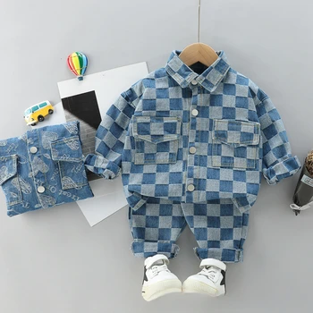 2023 Sonbahar Çocuk Giyim Seti Moda Ekose Kalp Denim Kıyafet Yaka Yaka Ceket Pantolon 2 ADET Erkek Takım Elbise