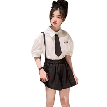 Çocuk Giyim Takım Elbise Yaz Kravat Gömlek + Şort Kostüm Kızlar için Koreli Çocuklar Kıyafetler Genç Kız giyim setleri 5-14 yıl