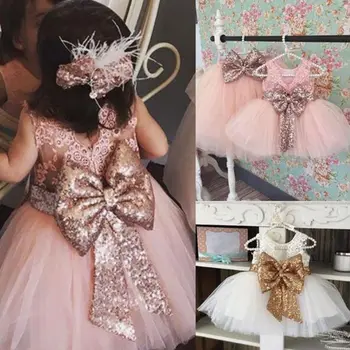Yaz Pullu Büyük Yay Bebek Kız Elbise 1st doğum Günü Partisi düğün elbisesi Kız Saray Prenses Abiye Çocuk Giysileri