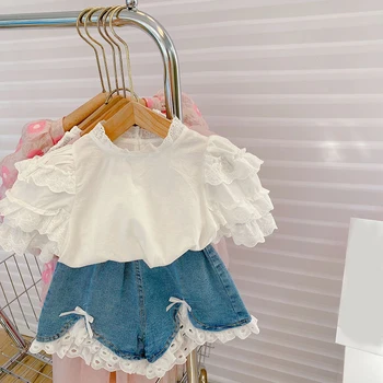 2023 Yaz Yeni Çocuk Giyim Kız Moda Dantel Dikiş Yaka Üst + Yay Kot Şort Toddler Bebek günlük kıyafetler Takım Elbise