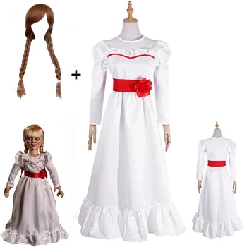 Film Annabel Cosplay Kostüm Kadınlar için Yetişkin Cadılar Bayramı Kostümleri ve Peruk Korku Korkunç Fantezi Beyaz Elbise Kıyafetler