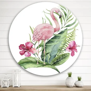 'Pembe Çiçekli ve Egzotik Yapraklı Flamingo' Geleneksel Daire Metal Duvar Sanatı 36x36-36'lık Disk