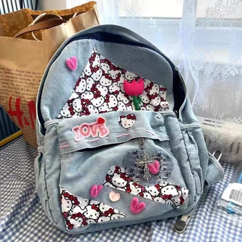 Orijinal Denim Sırt Çantası Hello Kitty Schoolbag Tatlı Tüm Eşleşen Dikiş Sıkıntılı Sırt Çantası kız çocuk okul çantası