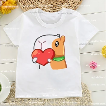 Aşk Capybara Karikatür baskı t-shirt Kız / Erkek Komik Kawaii Çocuk Giysileri Beyaz T Shirt Yaz kısa kollu tişört Kadın