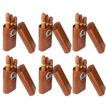 6X Yüksek Kalite 3-Finger Humidors Taşınabilir Puro Kutusu Kahverengi Puro Deri Kılıf İle Puro Kesici