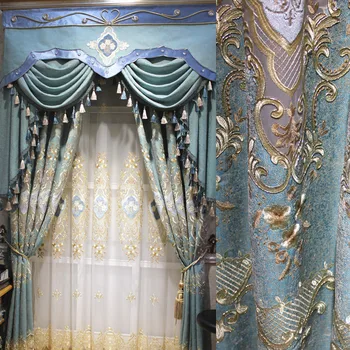 Mavi-Yeşil Avrupa Tarzı Oturma Odası İçi Boş Şönil İşlemeli Perdeler Bitmiş Özel Villa Yatak Odası perde kumaşları