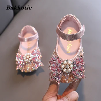 Kızlar Flats 2022 Bahar bebek Ayakkabıları Çocuk Moda Mary Jane Marka Yürümeye Başlayan Prenses Parti Elbise Glitter İnci Yay Yumuşak Taban 21-36