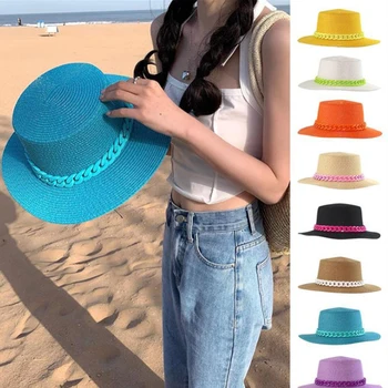 Yeni Renk Zinciri Düz Üst Unisex Caz Hasır Şapka Açık Kadınlar Sahil Tatil plaj şapkaları Moda Yaz Panama kova kapağı