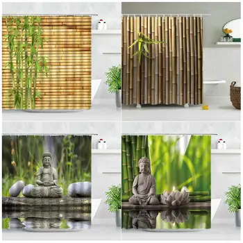 Zen Yeşil Bambu Buda Duş Perdesi Manzara Su Mum Taş Lotu Bitki Bahçe Manzara Su Geçirmez Banyo Perdesi Ekran