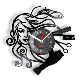 Saç Güzellik Salonu Vinil Kayıt duvar saati Saç Stilisti Salon Berber Dükkanı Retro Siyah duvar saati Kuaför Hediyeler Kadın için