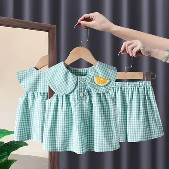 2023 Çocuk Giyim Seti Bebek Kız T-Shirt + Elastik Şort Kıyafetler Yaz Ekose Meyve Baskı Rahat Eşofman Çocuk Giyim
