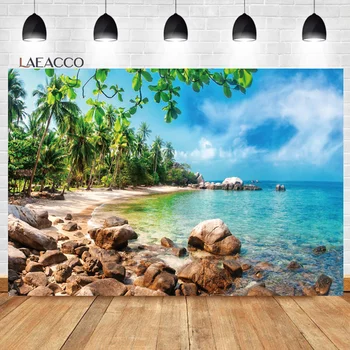 Laeacco Sahil Plaj fotoğraf arka fonu Yaz Tropikal Palmiye Ağaçları Ada Deniz Dalgaları Tatil Parti Portre Fotoğrafçılığı Arka Plan