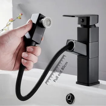Pull Out Banyo Havzası lavabo musluğu Sıcak Soğuk Su musluk bataryası Siyah Musluk Vinç Sprey Banyo Musluk