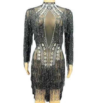 Köpüklü Siyah Kristal Püskül Shining Rhinstones Kadın Elbise Perspektif Örgü Sretch Elbise Şarkıcı Sahne Performansı Kostüm