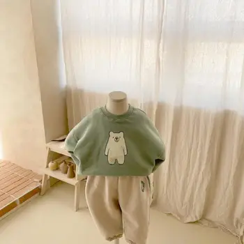 Sonbahar Bebek Ayı Baskı Rahat Kazak Takım Elbise Erkek Çocuk Karikatür uzun kollu üst + Mektup Baskı 2 adet Kız Bebek Pamuk Tees Seti
