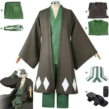 Anime BLEACH Urahara Kisuke Cosplay Kostüm Cadılar Bayramı Ceket Yeşil Astar Pantolon Karnaval Parti Kıyafetleri Suit Prop Şerit Şapka Takunya
