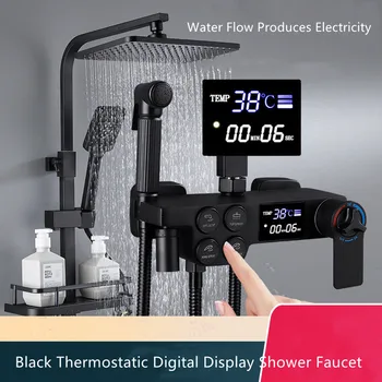 Sıcak Satış Termostatik dijital ekran Duş Bataryası Seti Yağış Küvet Musluk Depolama Rafı ile Su Akış Elektrik Üretir