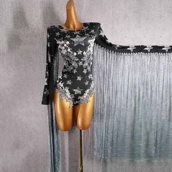Saçaklı Kristaller Kadınlar Kıyafet Caz Kostüm Rhinestone Seksi Bodysuit Siyah Şarkıcı Dansçı Gece Kulübü Bekarlığa Veda Partisi Balo Tulum DJ210