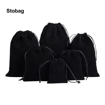 StoBag Toptan Siyah Kadife Çanta Küçük İpli Cep Takı Hediye Kozmetik Saklama Torbaları Taşınabilir Ambalaj Logo Düğün
