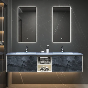 High end İtalyan ışık lüks banyo dolabı, lavabo, lavabo, kaya plakası, çift lavabo banyo dolabı kombinasyonu