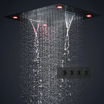 Banyo Siyah Duş Seti 600 * 800mm Tavan Büyük Çok Fonksiyonlu LED Duş Başlığı Sistemi Termostatik Mikser Şelale Musluklar
