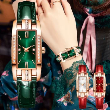 Retro Kadın Saatler Moda Kare Bayanlar quartz saat İmitasyon Deri Yeşil Kadran Basit Lüks Kadın Saatler