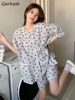 Pijama Setleri Kadın Dantel Tatlı Çilek Baskı Baggy Pijama Yaz Rahat İhale Kız Kore Tarzı Yumuşak Şık Moda Ev