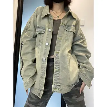 Yeni Vintage İlkbahar Sonbahar Kadın Denim Ceket Hip Hop Streetwear Mont Zip Y2k Moda Rahat Sıcak Satış Uzun Kollu Ceket