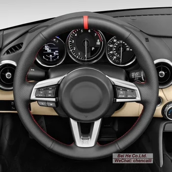 El dikişli Siyah Deri Süet direksiyon kılıfı Wrap Mazda MX-5 2016-2020 Araba Aksesuarları