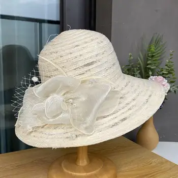Zarif Kadın Kova Şapka Zarif Geniş Ağız Dantel Dikiş Plaj Fascinator Şapka ile Sahte İnciler Çiçek Dekor Yaz kadın