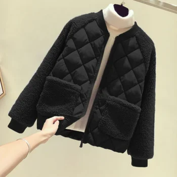 Ceket Kadınlar için 2023 Sonbahar / Kış Taklit Yün Kuzu Ceketler Eklenmiş Ayakta Yaka Fermuarlı Ceket