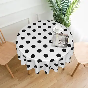 Siyah Beyaz Polka Dot Yuvarlak Masa Örtüsü Su Geçirmez Leke Dayanıklı Masa Örtüsü Yıkanabilir Polyester Masa Örtüsü Mutfak Yemek için