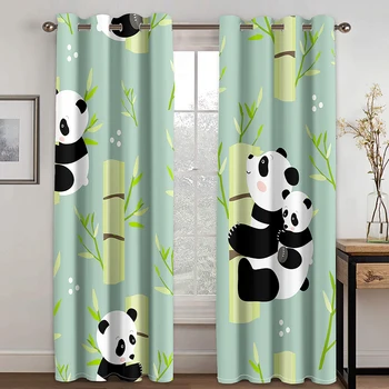 Panda Pencere Perdeleri, Karikatür Tarzı Ayı Çizimleri Yeşillik Yaprakları Çin 2 Panel Seti Perdeleri Oturma Odası için
