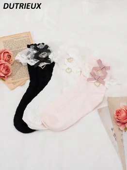 Japon Tarzı Kızlık Dantel Kalp Şeklinde Yay Bacak Şekillendirme Kız Çorap Seri Üretilen Lolita Orta Buzağı Çorap Tatlı ve Sevimli Çorap