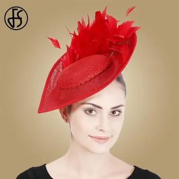 FS Bayanlar Kırmızı Şapkalar Sinamay Fascinator Düğün Kadınlar Için Çay Partisi Kentucky Derby Şapka Yarış Tüyleri Resmi Şapkalar Gelin Fedoras
