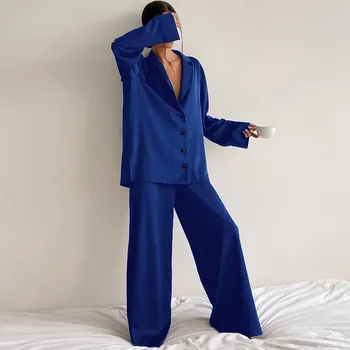 2023 Yaz kadın Ev Mobilya Uzun Kollu Set Taklit İpek Gömlek İnce pantolon İki Parçalı Pijama Seti Kadınlar için