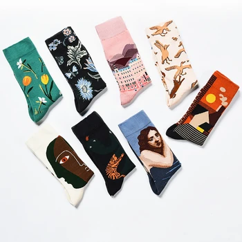 1 çift Tuval kafes bitki Sanat komik çoraplar Kadın Yenilik Soyut Sevimli Çorap Kadın Jakarlı Ekip Kadın Calcetines Divertidos