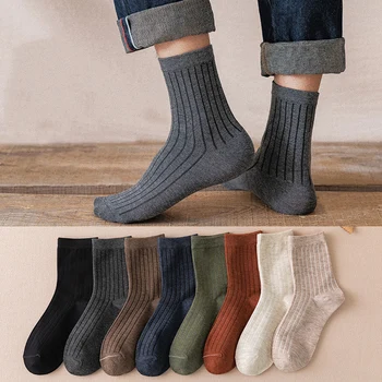 Erkekler Pamuk Çorap Yüksek Kaliteli Çizgili Klasik Düz Renk Erkek Orta Tüp İş Uzun Çorap Bahar Sonbahar Nefes Rahat