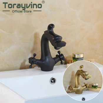 Torayvino Antik Pirinç Musluklar Mikser Siyah Banyo Havzası Musluk Lüks lavabo bataryası Dokunun Güverte Üstü Sıcak Soğuk lavabo bataryası Musluk