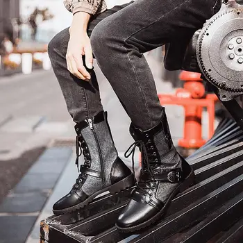 Kovboy çizmeleri Erkekler için Dantel-Up Yan Zip Orta Artı Kadife Sıcak Motosiklet Deri Çizmeler Takım Ayakkabı Orta Yüksek Şövalye erkek Santiags